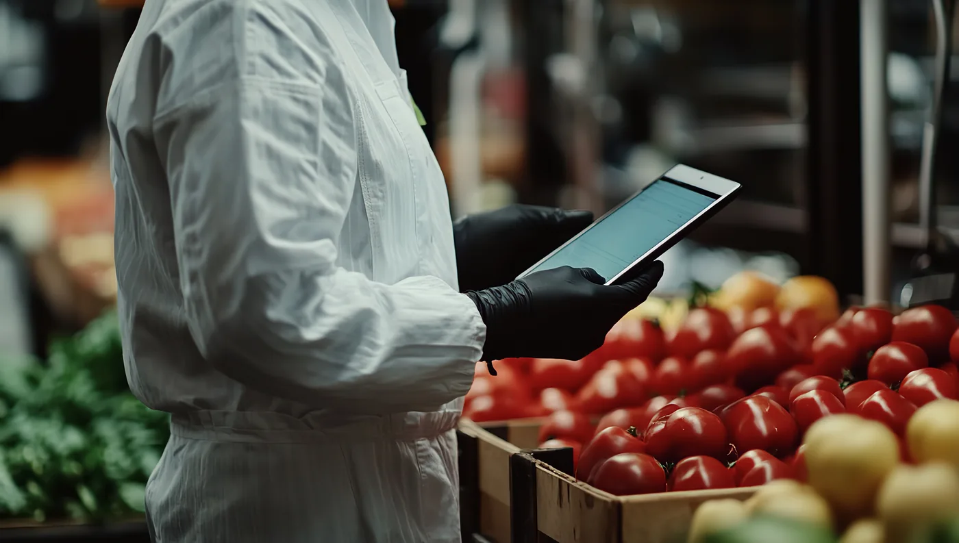 An environmental health inspector checking produce on a tablet on-site