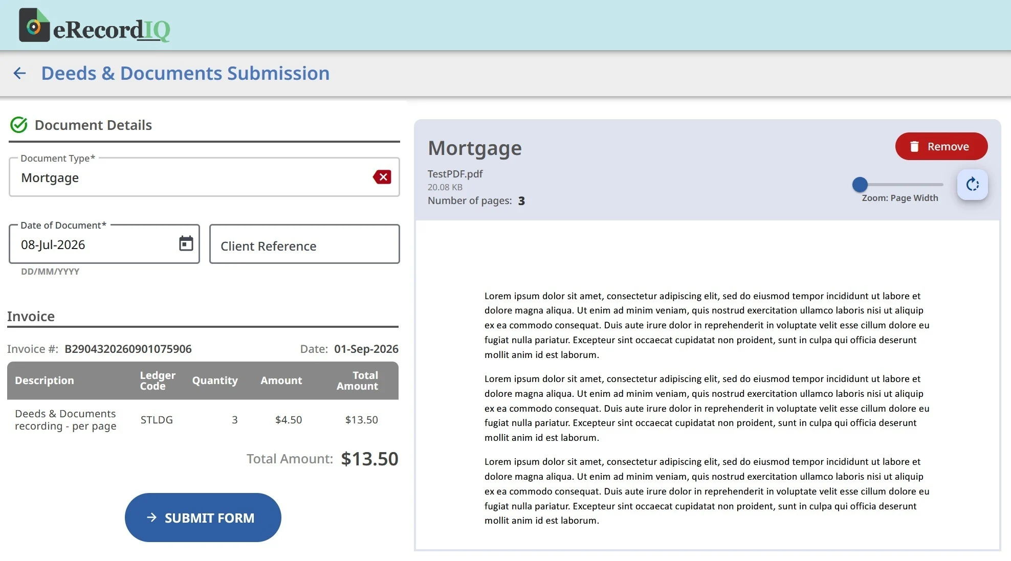 The eRecordIQ Deeds & Documents Submission screen: document type and date, an itemised recording-fee invoice, and a preview of the uploaded instrument (demo data)