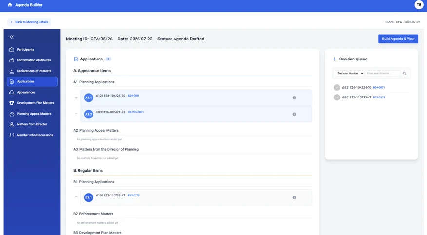 The Agenda Builder in CommunityWorks: building a working agenda by adding planning applications from the decision queue