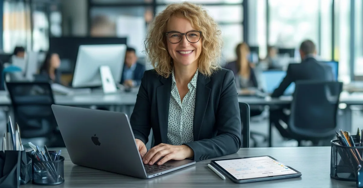 Registrar - a registry officer working through filings on a laptop in a modern office