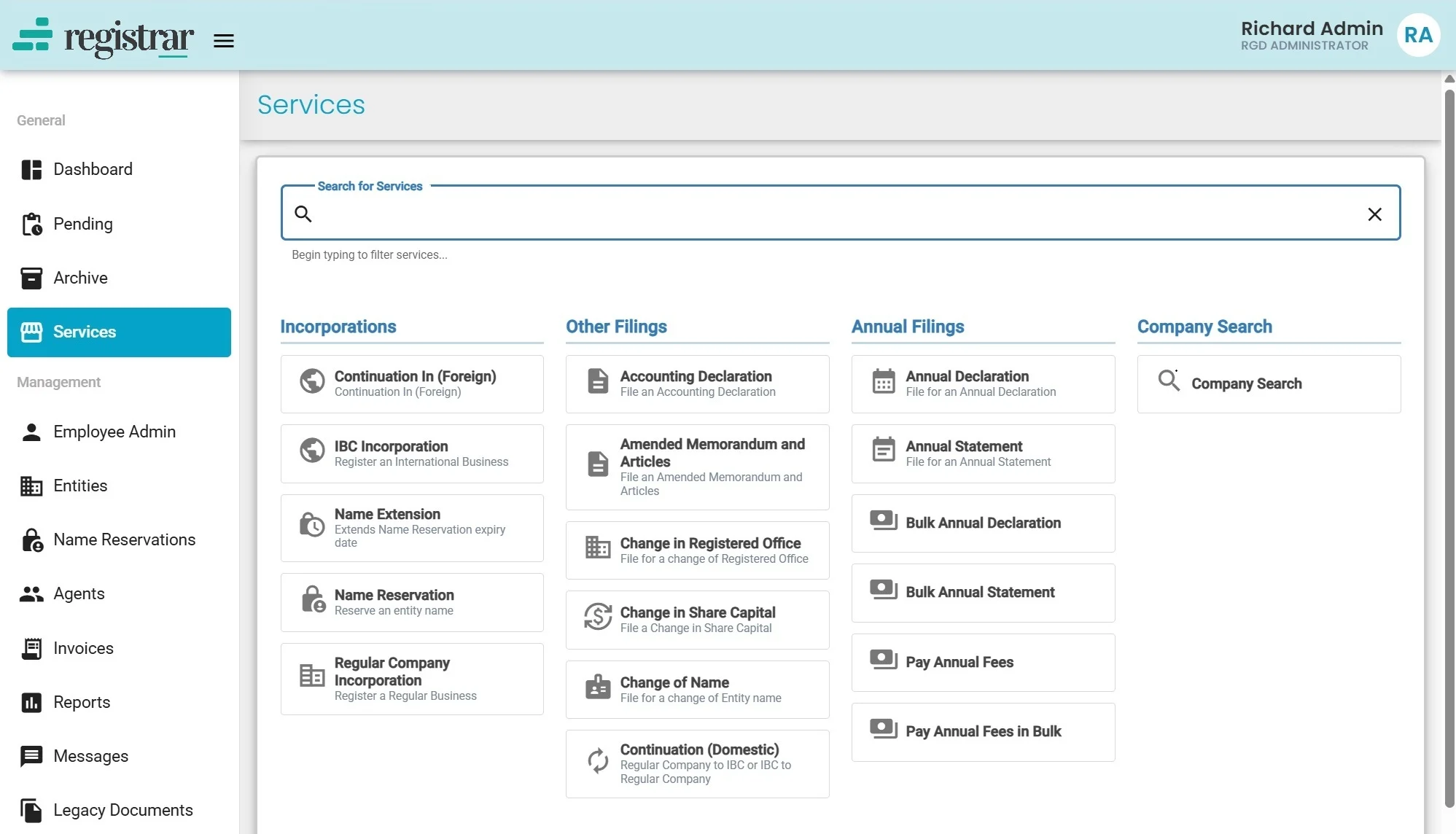 The Registrar services catalogue, listing incorporations, other filings, annual filings, and company search (demo data)